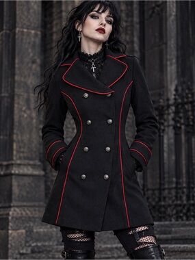 Hearts & Roses Gothic Black Red Piped Double Breasted Cambridge Pea Coat Sz 4